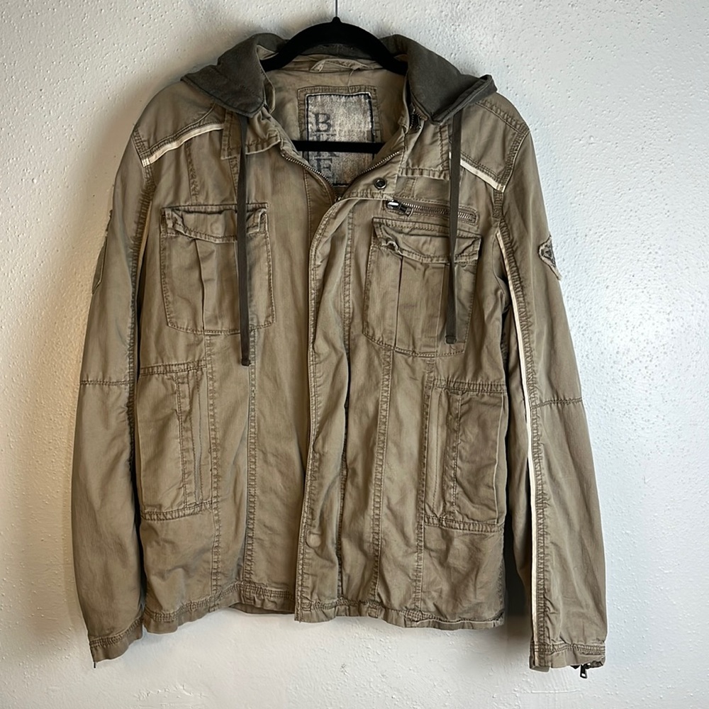 BKE military style jacket with patch on left arm size small